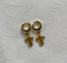 Load image into Gallery viewer, Small Huggie hoops with ornate cross drop pendant gold plated earrings.
