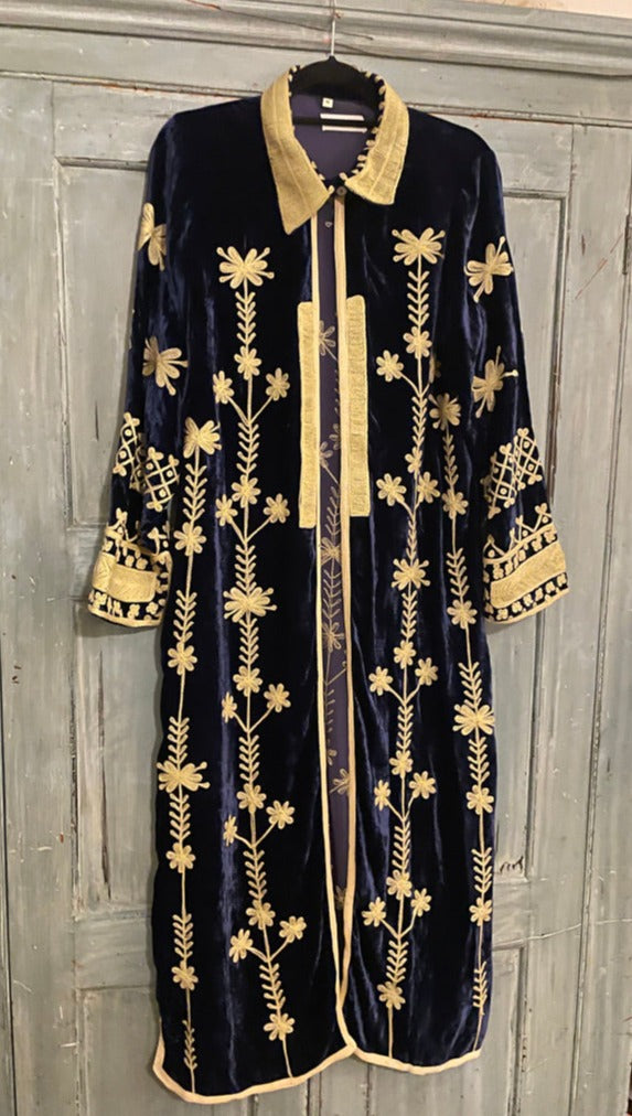 Navy Blue Luxe Silk Velvet Embroidered Coat  Size S, XL