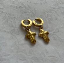 Load image into Gallery viewer, Small Huggie hoops with ornate cross drop pendant gold plated earrings.
