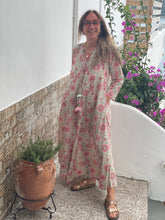 Load image into Gallery viewer, Kaya MAXI DRESS With Tassels Pink and White FLORIBUNDA Print size xL
