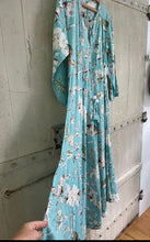 Load image into Gallery viewer, Kaya MAXI DRESS With Tassels, in Pale Blue FLORAL and Birds Print sizes L xl
