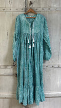 Load image into Gallery viewer, ASHLEY Quilted yoke 70S Vintage style Tassel DRESS In GREEN &amp; White Indian Hand Block size S
