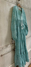 Load image into Gallery viewer, ASHLEY Quilted yoke 70S Vintage style Tassel DRESS In GREEN &amp; White Indian Hand Block size S
