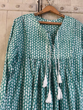 Load image into Gallery viewer, ASHLEY Quilted yoke 70S Vintage style Tassel DRESS In GREEN &amp; White Indian Hand Block size S
