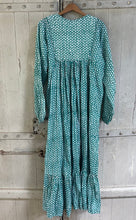 Load image into Gallery viewer, ASHLEY Quilted yoke 70S Vintage style Tassel DRESS In GREEN &amp; White Indian Hand Block size S
