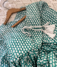 Load image into Gallery viewer, ASHLEY Quilted yoke 70S Vintage style Tassel DRESS In GREEN &amp; White Indian Hand Block size S
