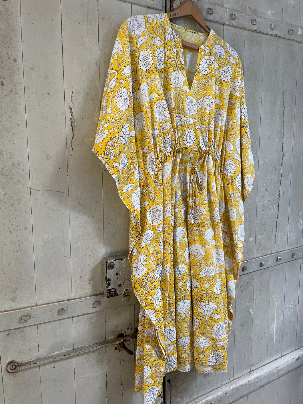 AMI short drawstring Hand Block printed Cotton KAFTAN YELLOW Floral one size