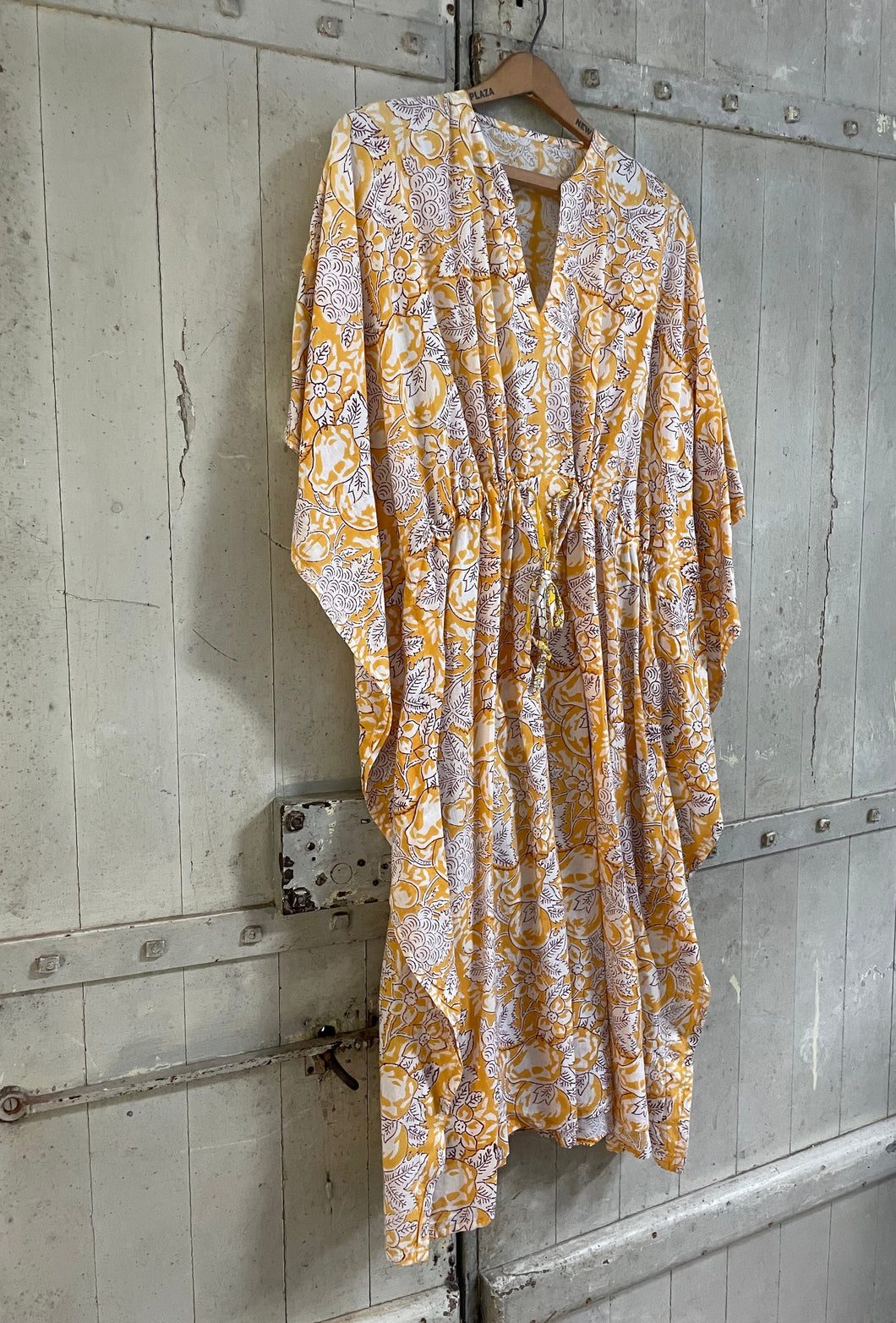 AMI short drawstring Hand Block printed Cotton Kaftan YELLOW one size