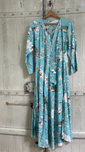 Load image into Gallery viewer, Kaya MAXI DRESS With Tassels, in Pale Blue FLORAL and Birds Print sizes L xl
