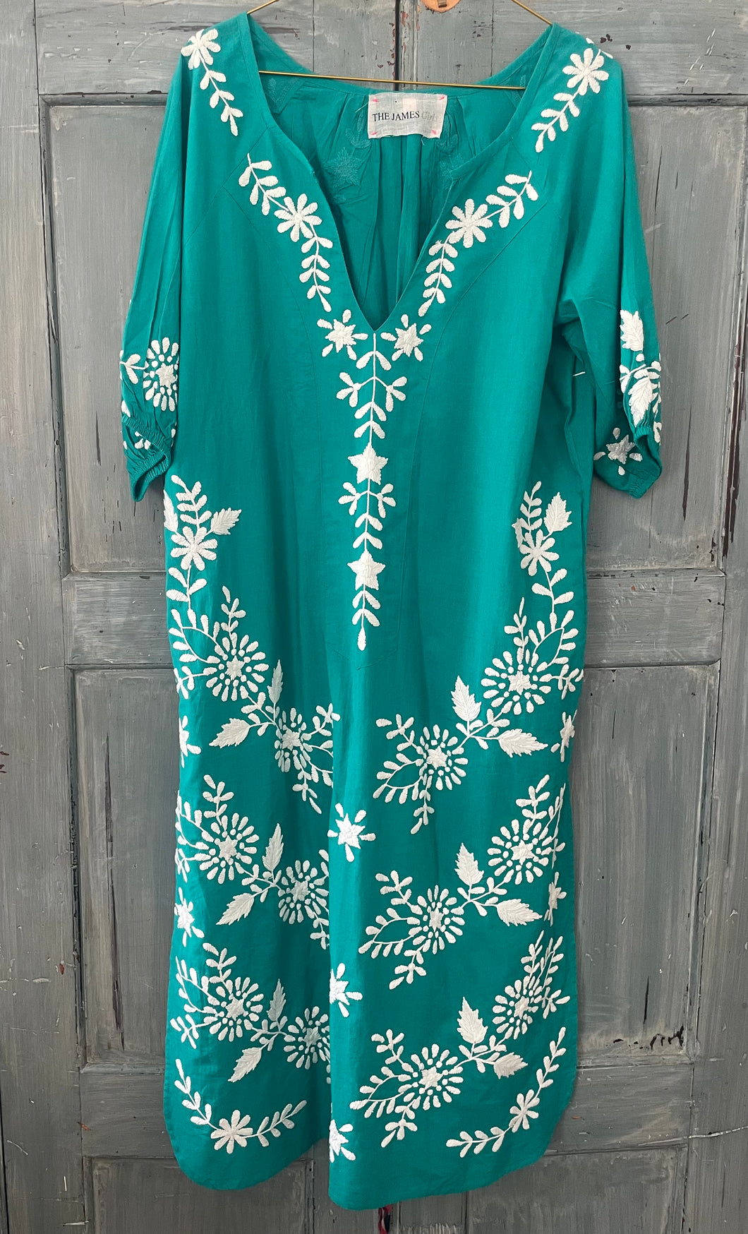 CELESTE Embroidered Cotton Dress Bright Jade Green with White