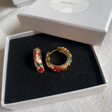 Load image into Gallery viewer, ENAMEL Huggie HOOP EARRINGS Gold Plated with painted Flowers
