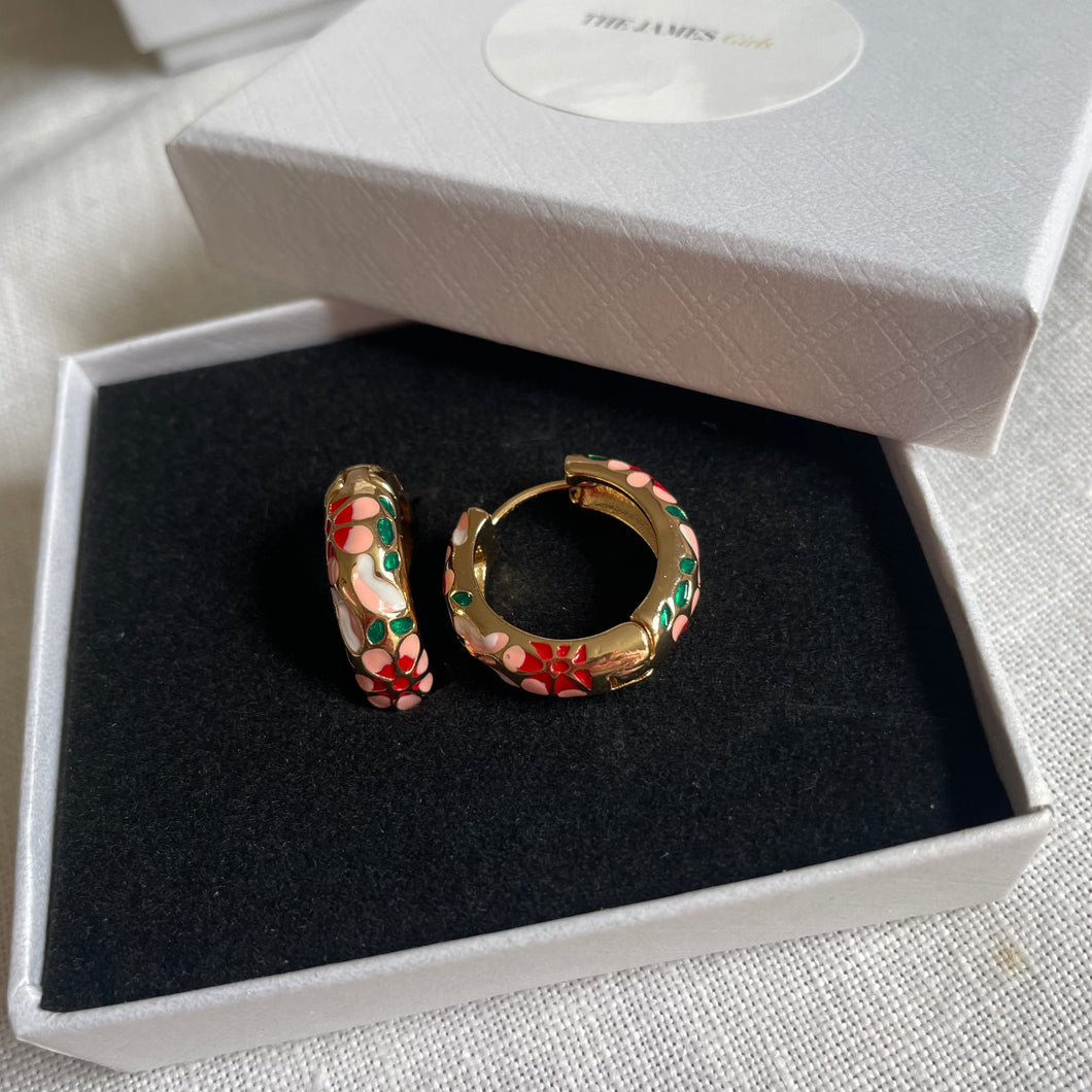 ENAMEL Huggie HOOP EARRINGS Gold Plated with painted Flowers