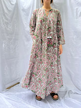 Load image into Gallery viewer, Kaya Maxi dress With Tassels, Indian print Pink And Grey Jaipur Flowers SIZE L
