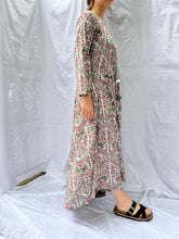 Load image into Gallery viewer, Kaya Maxi dress With Tassels, Indian print Pink And Grey Jaipur Flowers SIZE L
