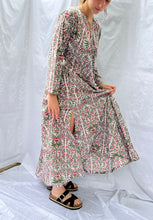 Load image into Gallery viewer, Kaya Maxi dress With Tassels, Indian print Pink And Grey Jaipur Flowers SIZE L
