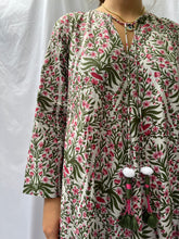 Load image into Gallery viewer, Kaya Maxi dress With Tassels, Indian print Pink And Grey Jaipur Flowers SIZE L
