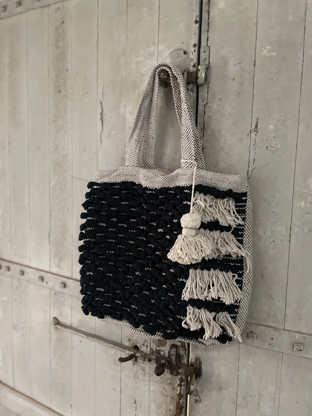 CASABLANCA Moroccan style COTTON Hand  Woven  Boho TOTE Bag in Ecru and Black