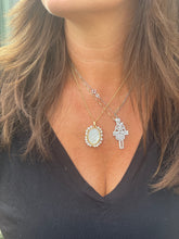 Load image into Gallery viewer, Queen Elizabeth 2 Necklace Mother of Pearl with etched motif and gold plated seed chain .
