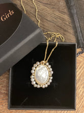 Load image into Gallery viewer, Queen Elizabeth 2 Necklace Mother of Pearl with etched motif and gold plated seed chain .
