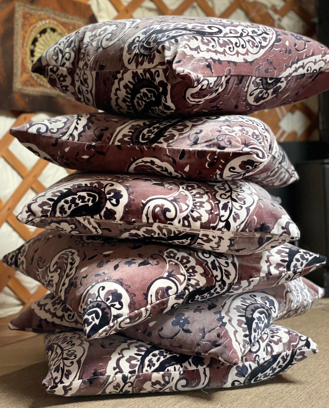 Taupe PAISLEY large CUSHION COVER cotton velvet 60cm x 60cm