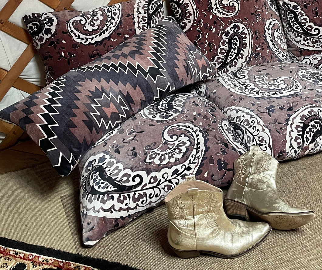 Taupe Brown NAVAHO print long / bolster CUSHION COVER cotton velvet 76cm x 36cm